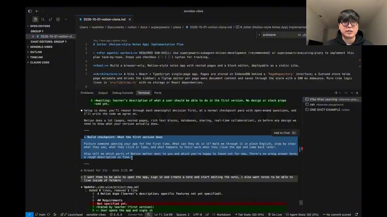 Build checkpoint: What the first version does, và câu trả lời tự do của Noah