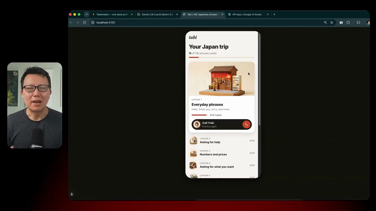 Màn hình chính của Tabi: Your Japan trip, 15 trên 100 phrase, bài 1 Everyday phrases có hình diorama và nút Call Yuki