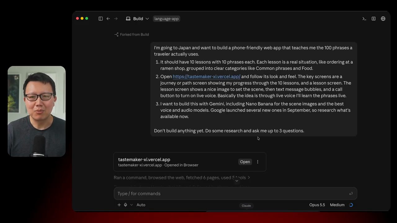 Prompt bước một trong project language-app, bên dưới là thẻ tastemaker-xi.vercel.app đã mở trong browser