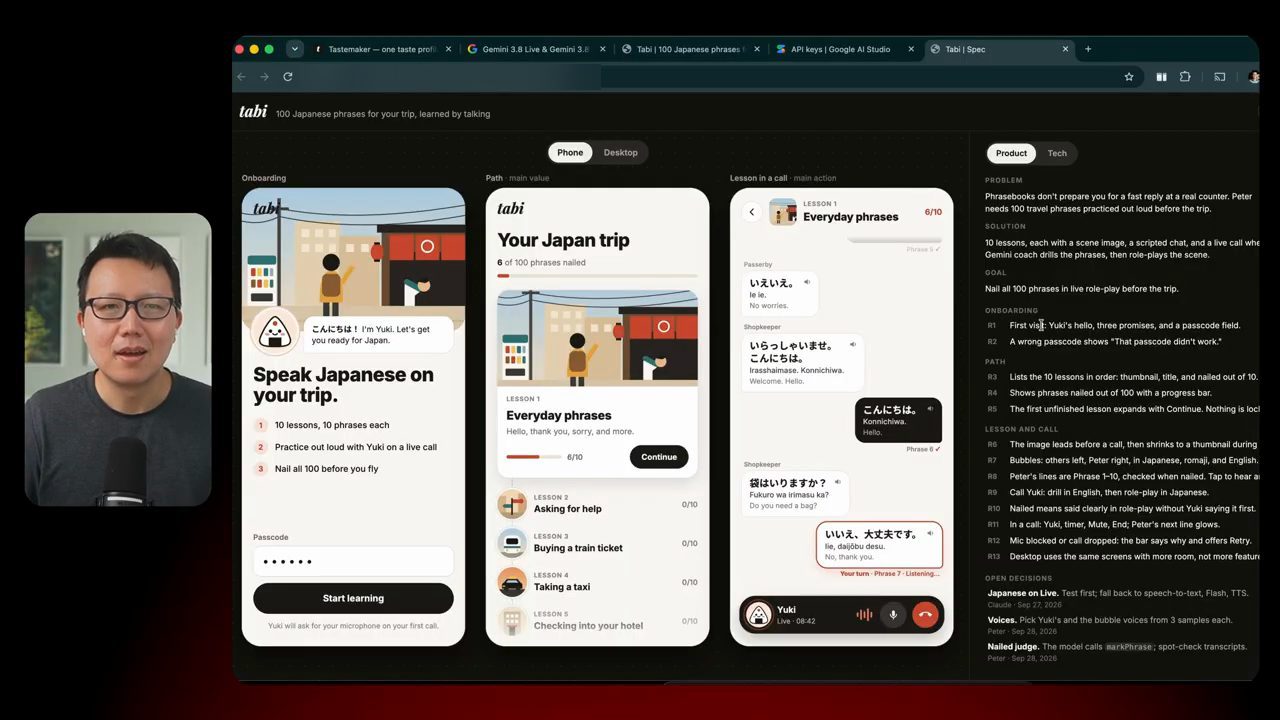 File spec.html của Tabi: ba màn hình điện thoại Onboarding, Path, Lesson in a call và cột Product bên phải