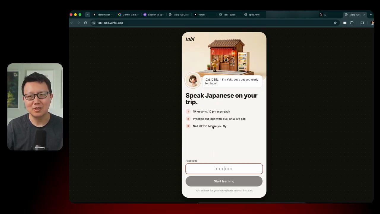 Tabi đã live trên tabi-bice.vercel.app: trang Speak Japanese on your trip với hình diorama, ảnh Yuki và ô passcode