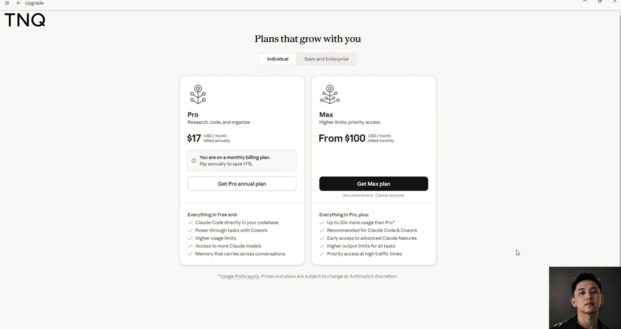 Trang Plans that grow with you của Claude với hai gói Pro và Max