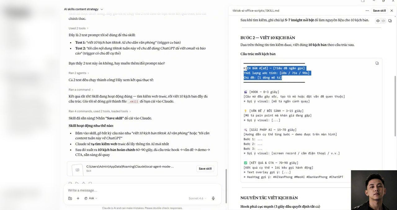 File SKILL.md của skill tiktok-ai-office-scripts, phần Bước 2 với cấu trúc mỗi kịch bản