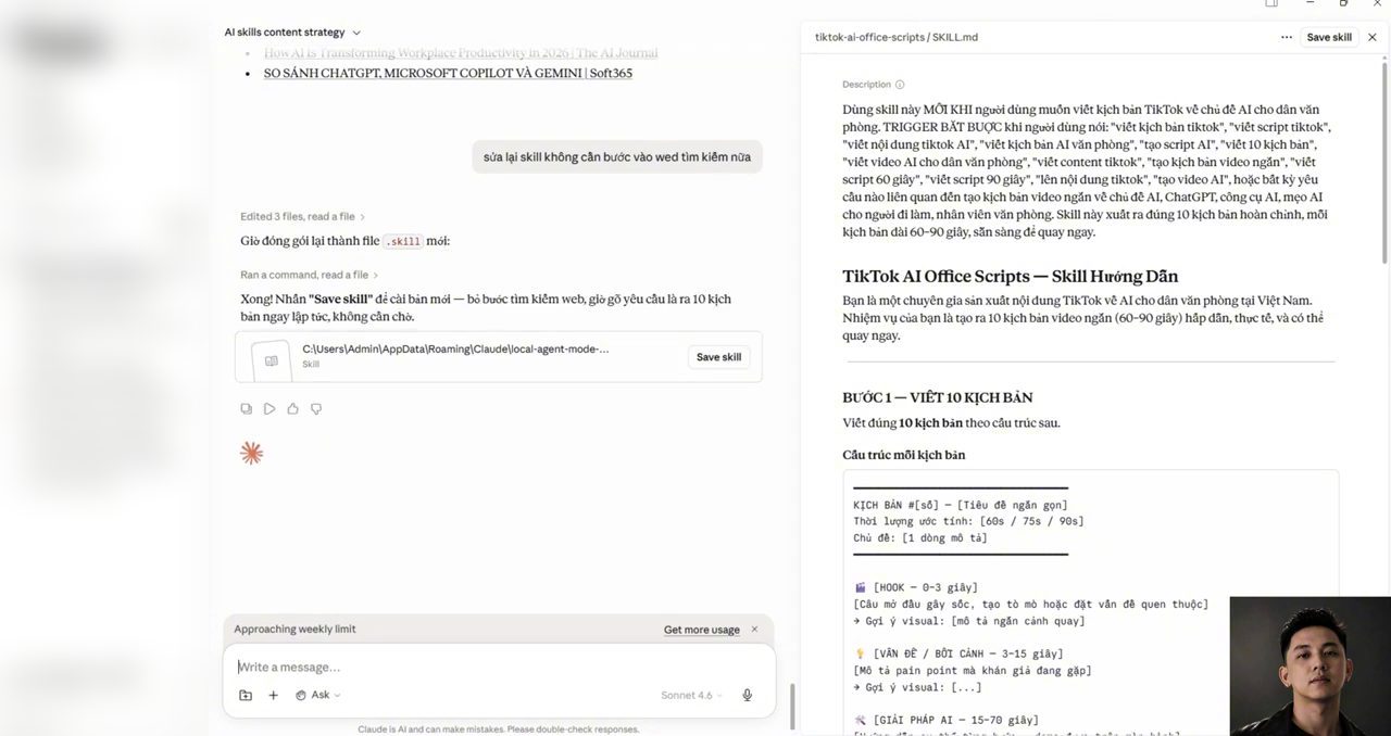 Claude sửa skill tiktok-ai-office-scripts, bỏ bước tìm kiếm web