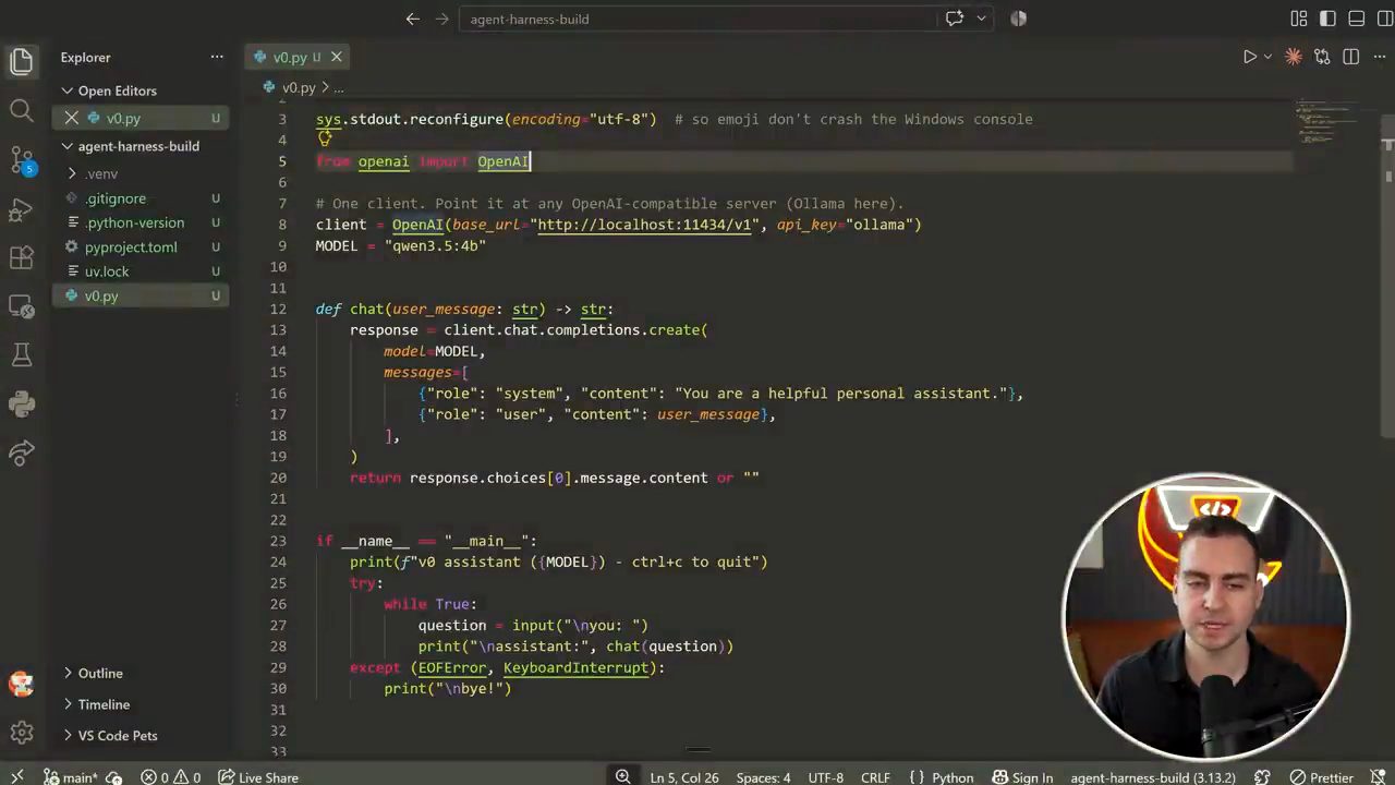 File v0.py trong VS Code với client OpenAI trỏ tới localhost:11434 và hàm chat