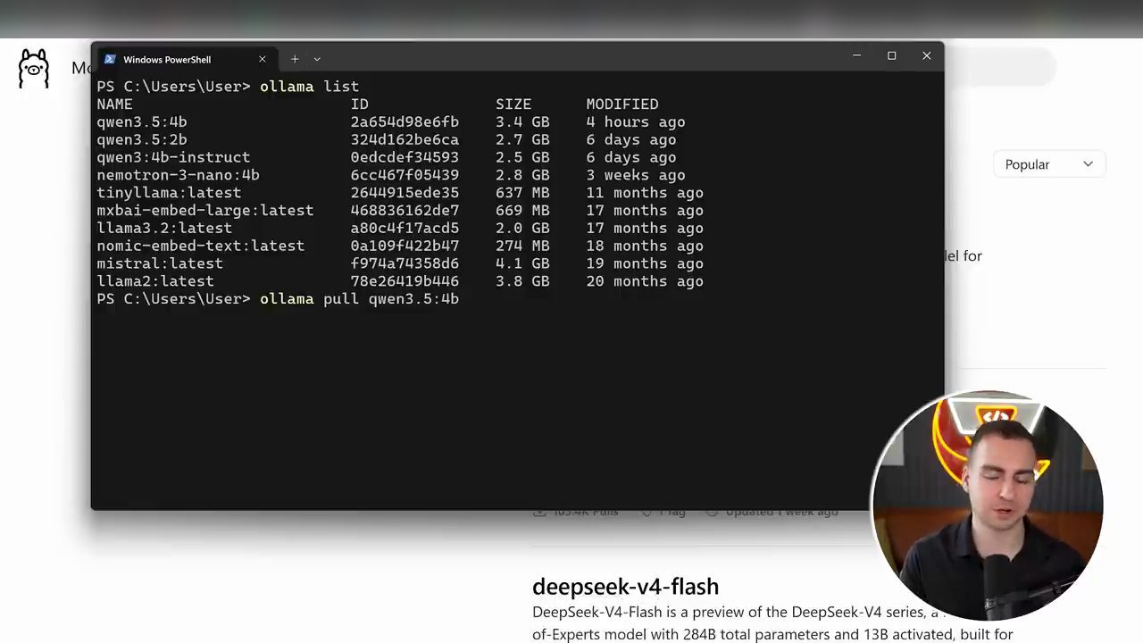 Cửa sổ PowerShell chạy ollama list với danh sách model local, rồi gõ ollama pull qwen3.5:4b
