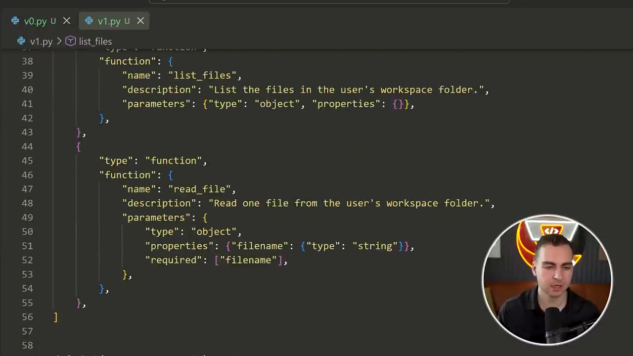 Phần TOOL_SCHEMAS trong v1.py mô tả list_files và read_file