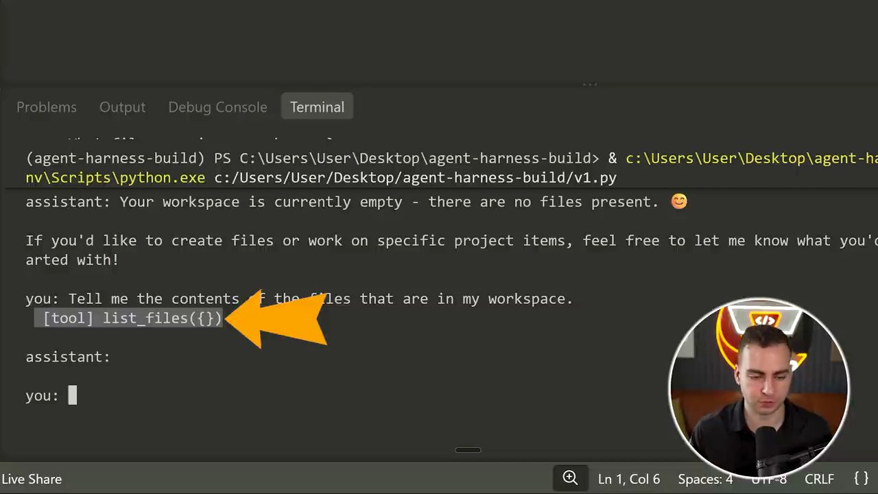 Terminal: câu hỏi Tell me the contents of the files, dòng [tool] list_files({}) và assistant trả lời trống