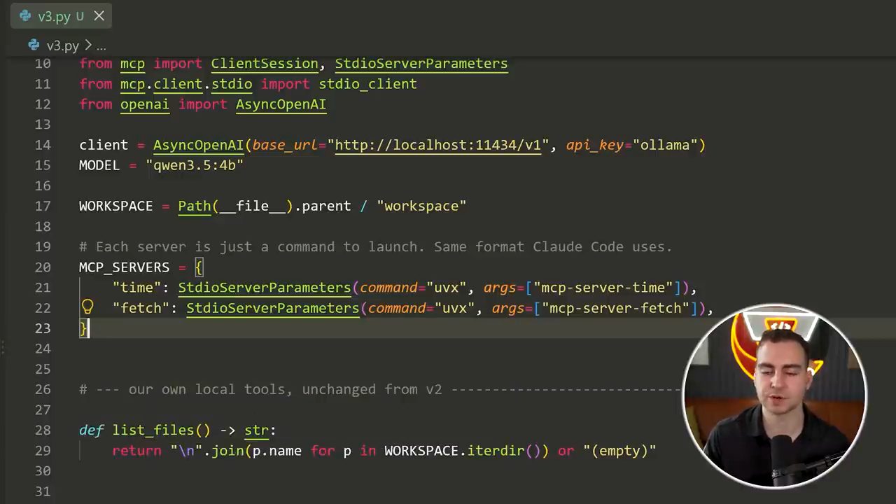 v3.py khai báo client AsyncOpenAI và dict MCP_SERVERS gồm time và fetch chạy bằng uvx