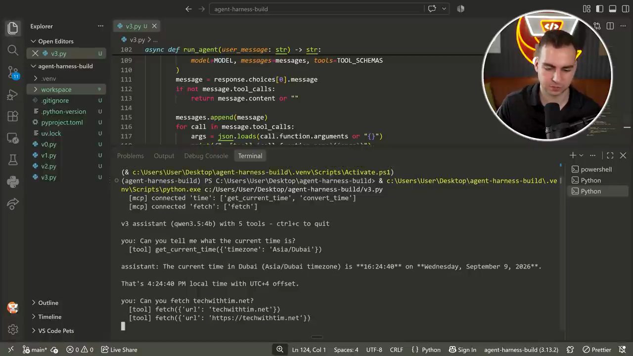 Terminal v3: hai MCP server đã kết nối, câu hỏi giờ hiện tại với tool get_current_time, rồi câu hỏi fetch techwithtim.net