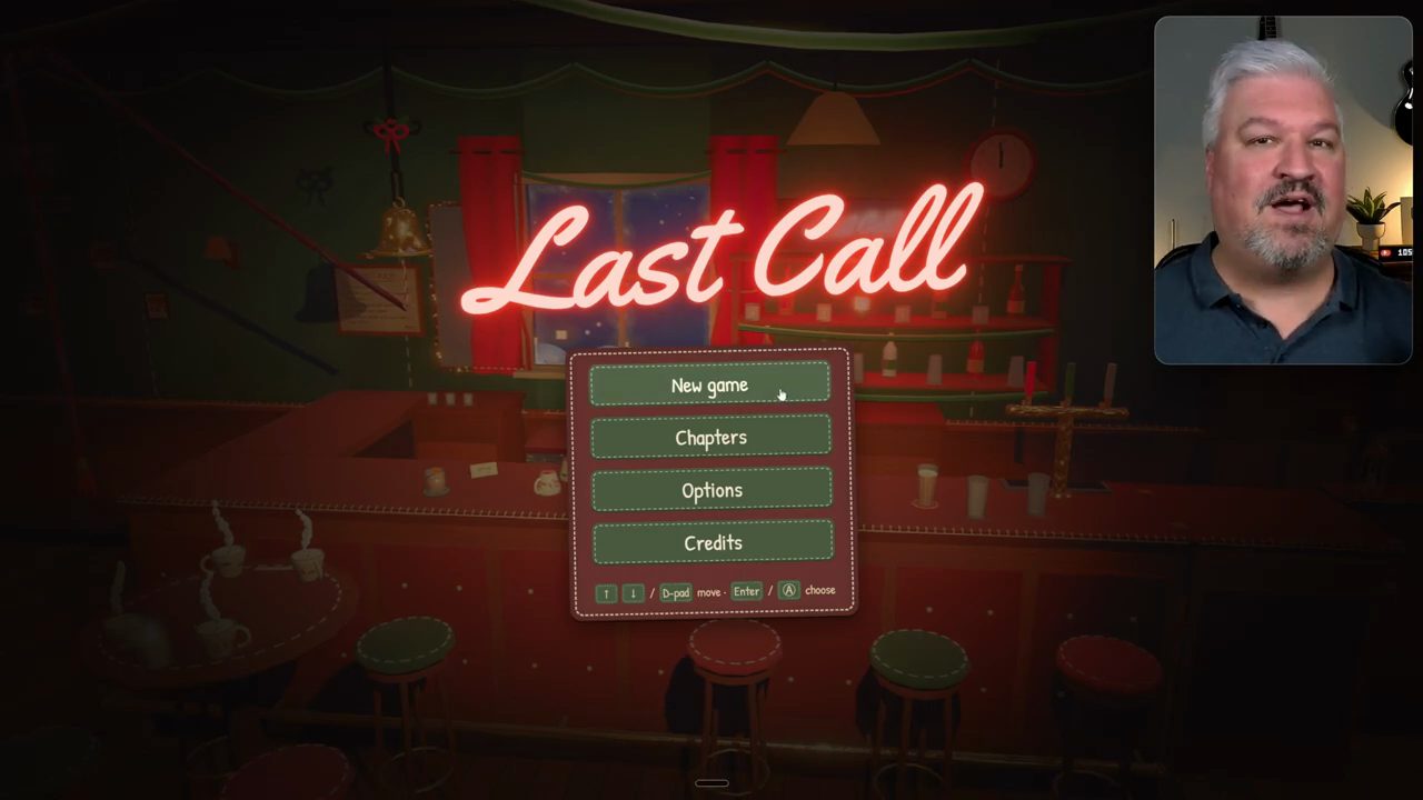 Màn hình menu chính của game Last Call với chữ neon đỏ và bốn nút New game, Chapters, Options, Credits