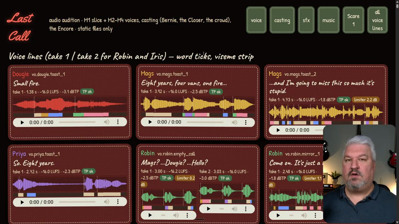 Trang nghe thử âm thanh của Last Call với các thẻ câu thoại của Dougie, Mags, Priya, Robin, mỗi thẻ có waveform và nút play