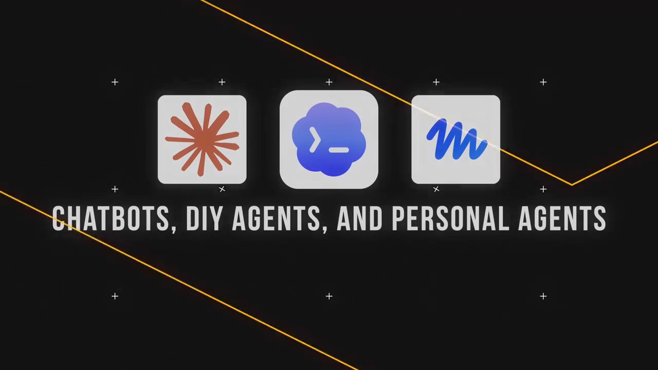 Màn hình tiêu đề Chatbots, DIY agents, and personal agents với ba biểu tượng ứng dụng
