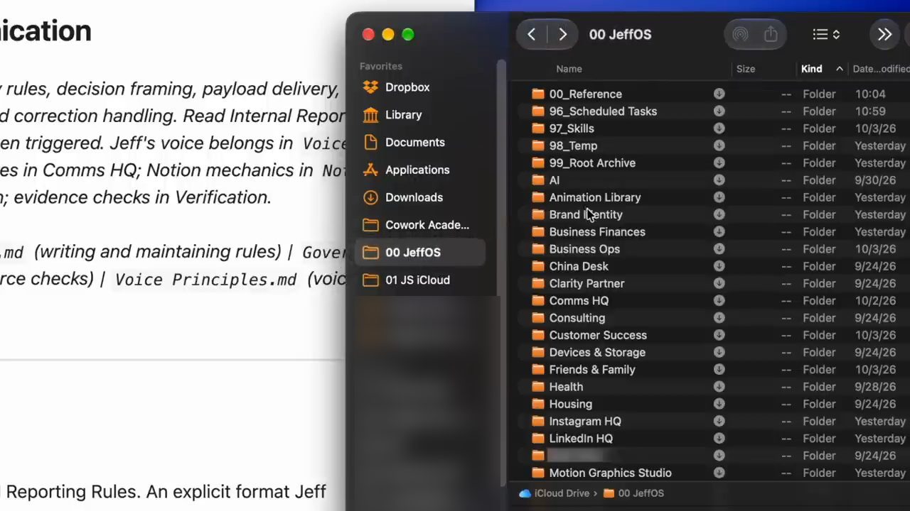 Cửa sổ Finder của folder 00 JeffOS với danh sách folder như 00_Reference, 97_Skills, Business Finances, Friends & Family, Health