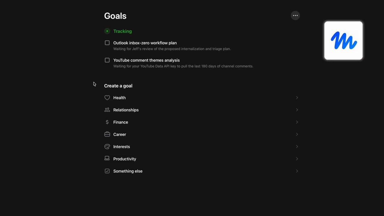Màn hình Goals của Muse: mục Tracking và danh sách Create a goal gồm Health, Relationships, Finance, Career