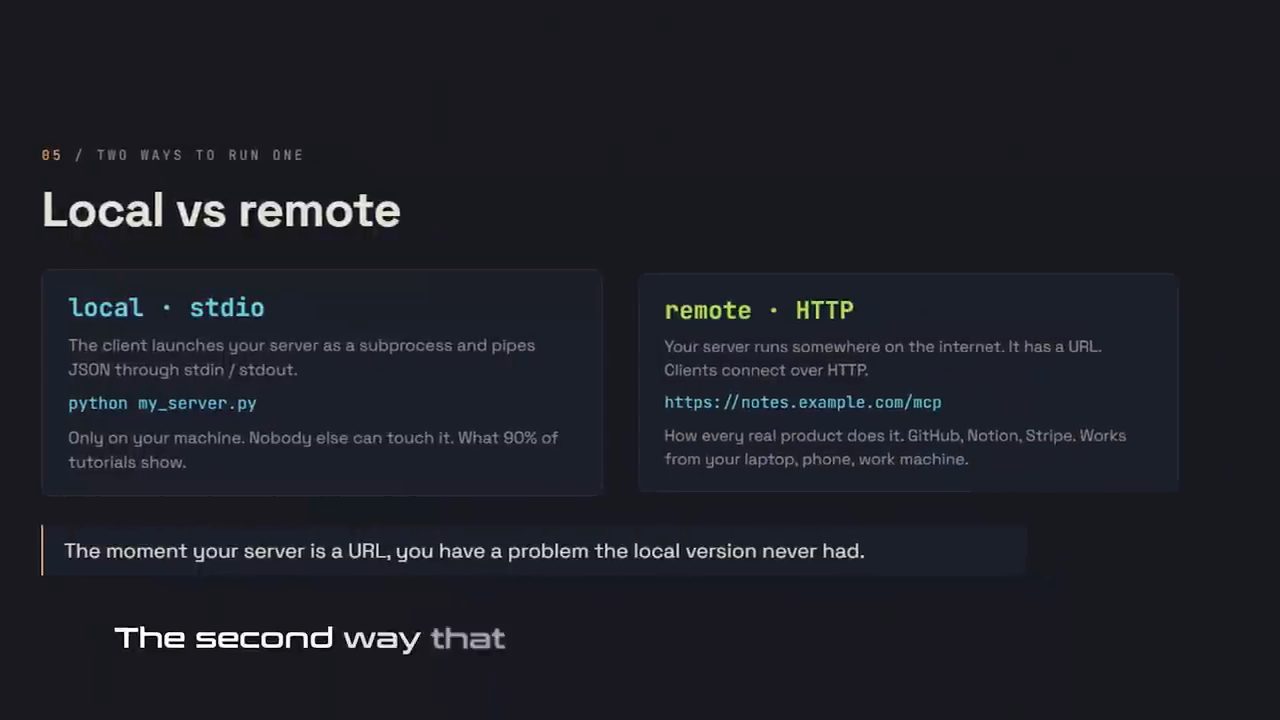 Slide Local vs remote với hai thẻ local stdio và remote HTTP