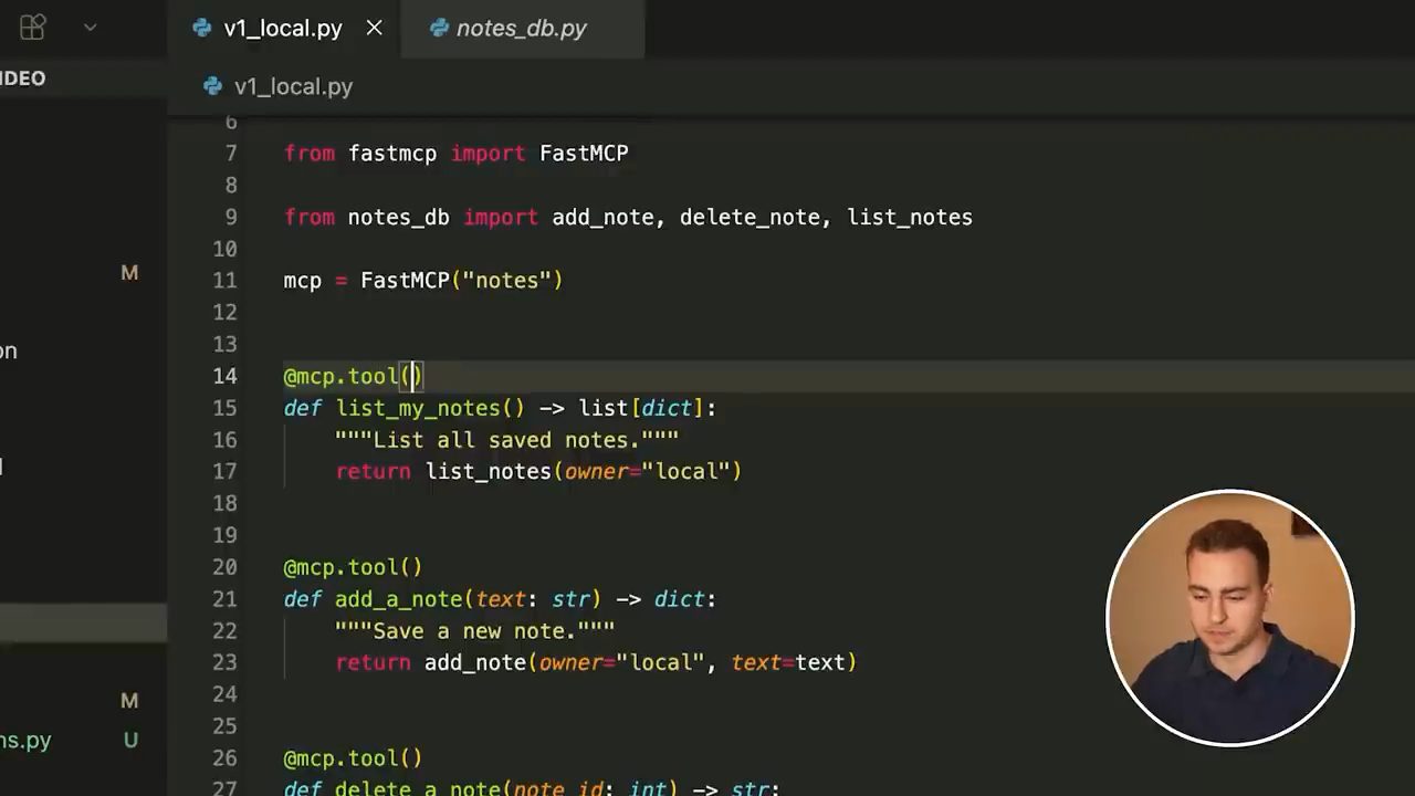 File v1_local.py trong editor với import FastMCP và các function có decorator @mcp.tool()