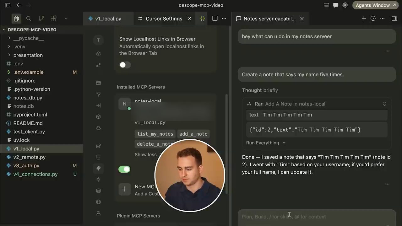 Cursor: panel MCP bên trái và chat agent bên phải gọi Add A Note in notes-local
