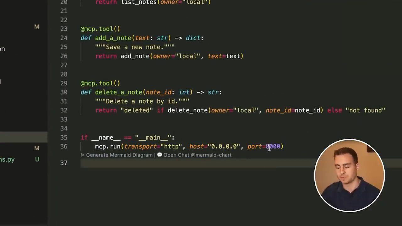 Dòng mcp.run với transport http, host 0.0.0.0, port 8000