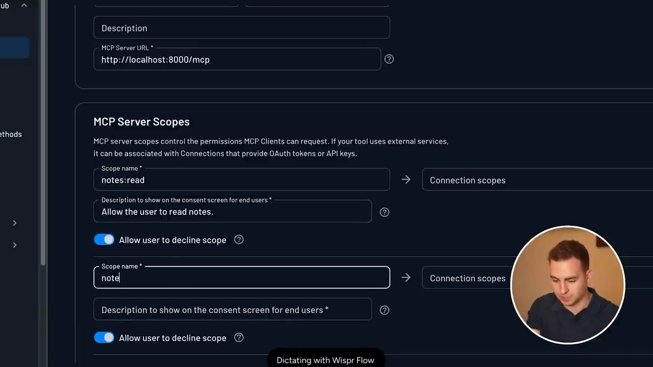 Form Create MCP Server trong Descope với MCP Server URL và phần MCP Server Scopes