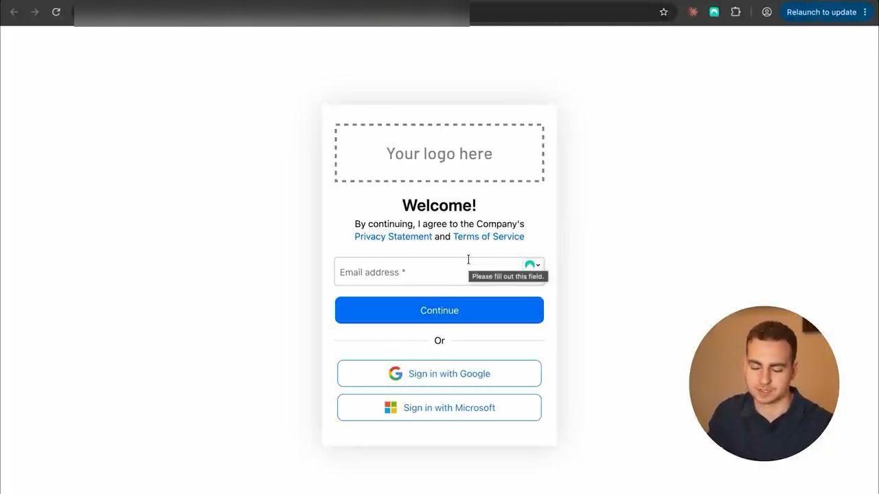 Màn hình đăng nhập của Descope với ô email, Sign in with Google và Sign in with Microsoft