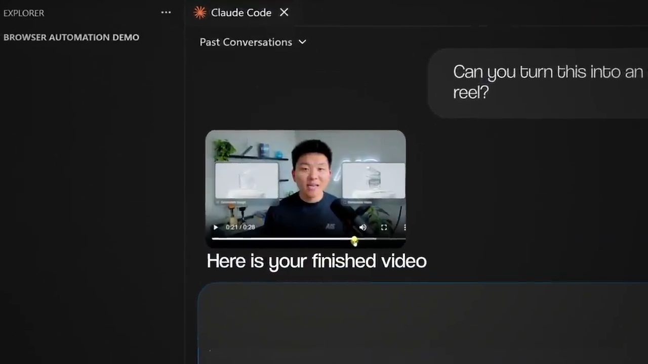 Claude Code trong editor trả về video kèm dòng Here is your finished video