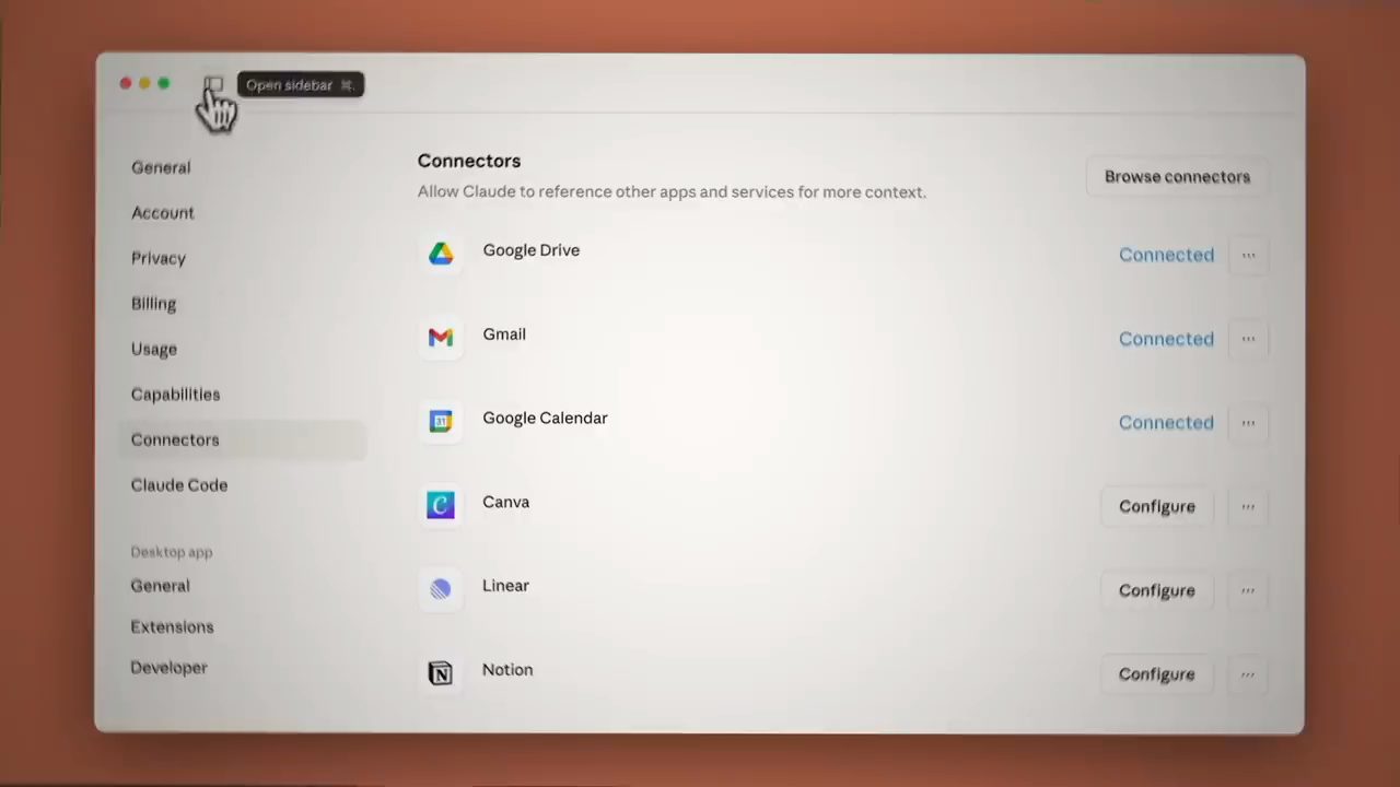 Trang Settings, mục Connectors của app Claude với Google Drive, Gmail, Google Calendar đã kết nối
