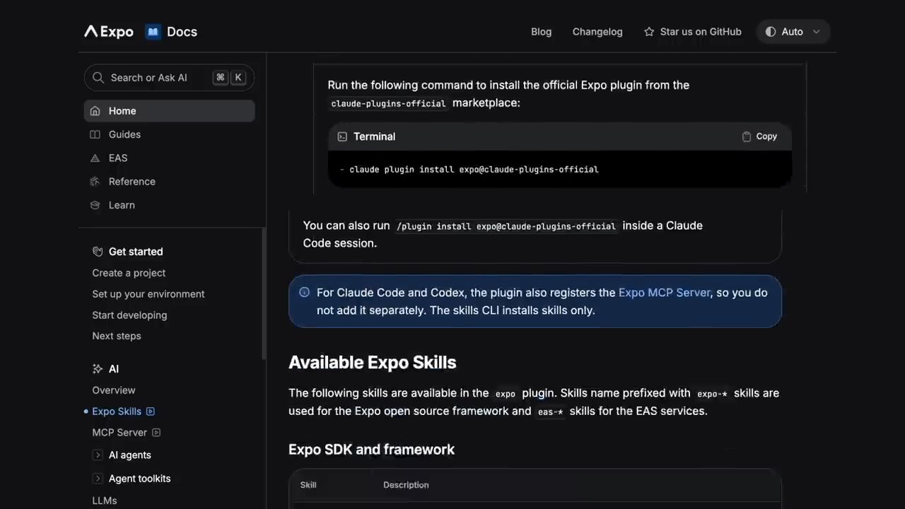 Trang tài liệu Expo hướng dẫn cài plugin Expo từ marketplace claude-plugins-official
