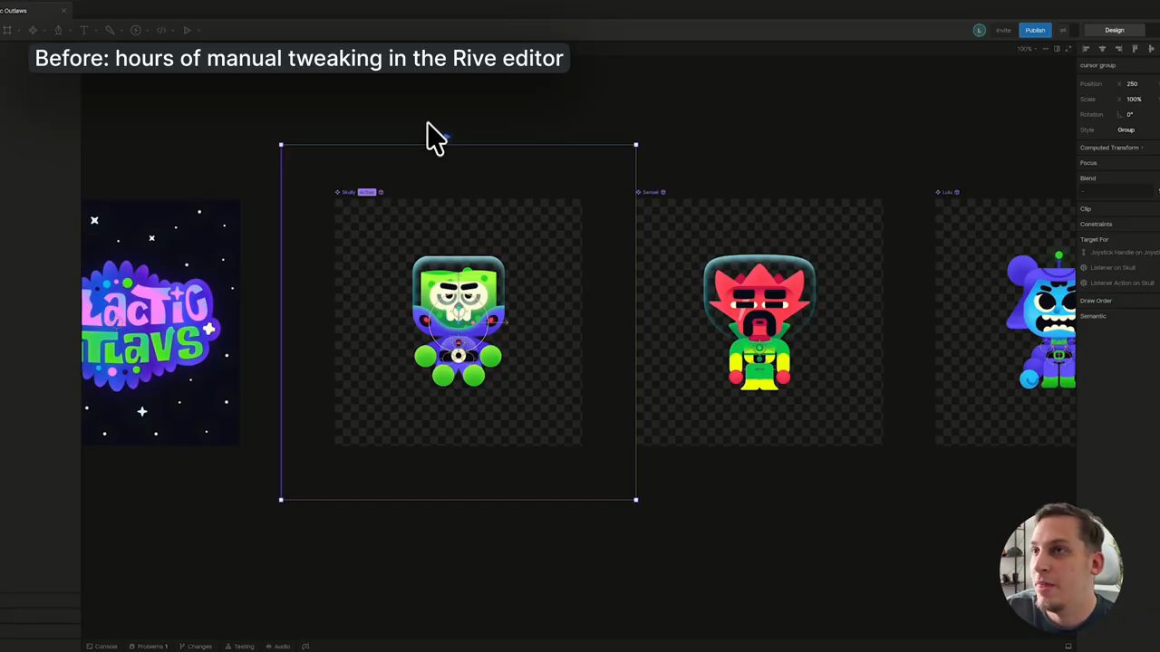 Rive editor với các nhân vật hoạt hình trên canvas và dòng chữ Before: hours of manual tweaking in the Rive editor