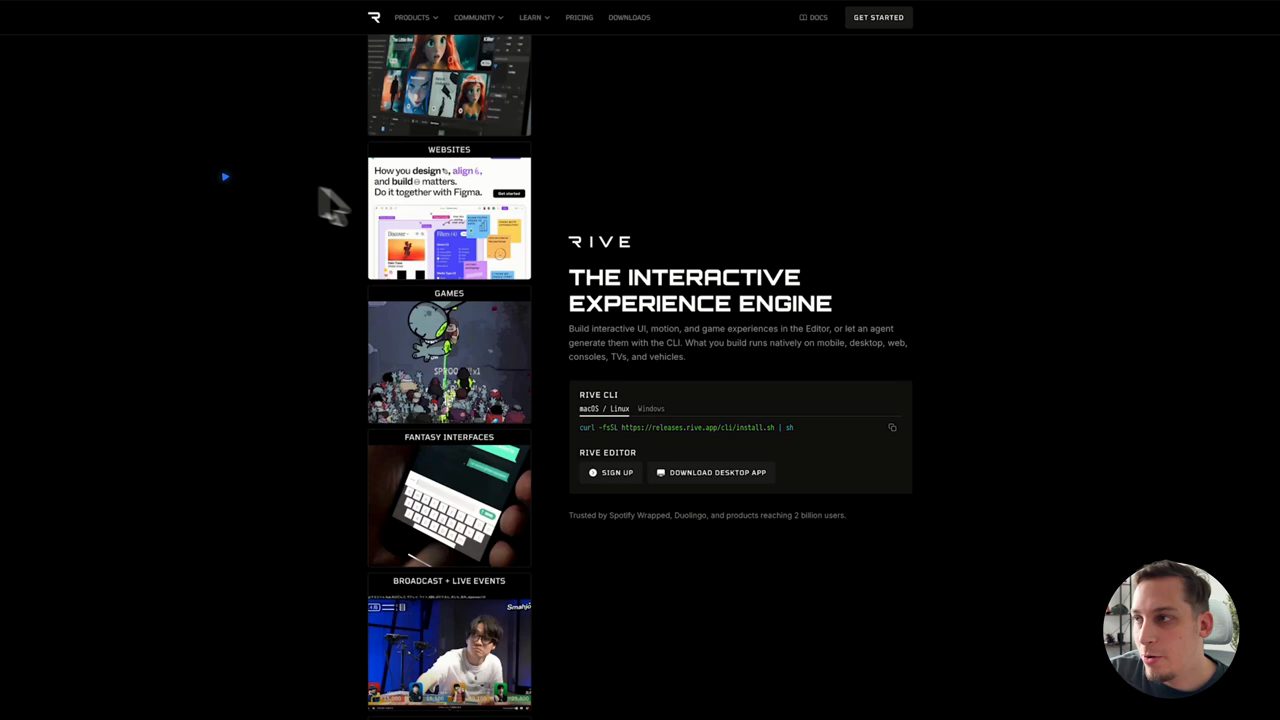 Trang chủ Rive: The Interactive Experience Engine, ô Rive CLI với lệnh curl cài đặt và nút tải Rive Editor