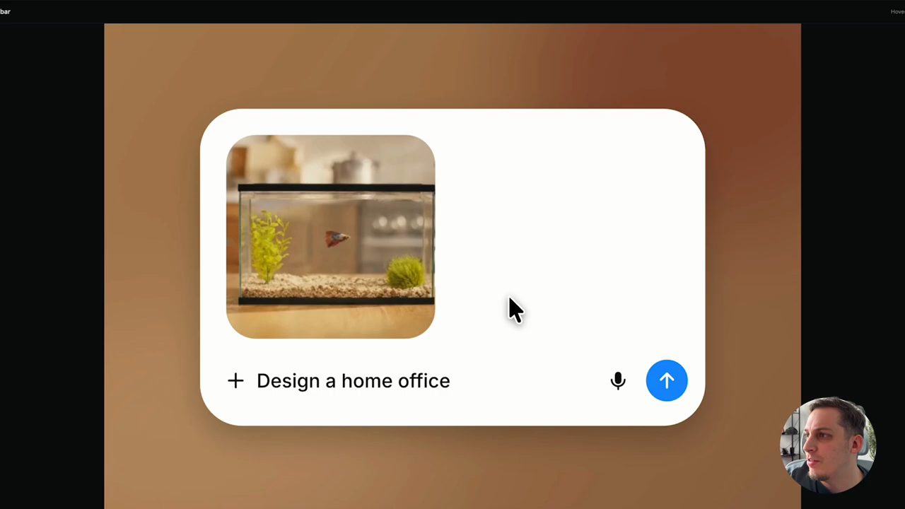 Ô prompt đã mở thành thẻ trắng với ảnh bể cá và dòng chữ Design a home office