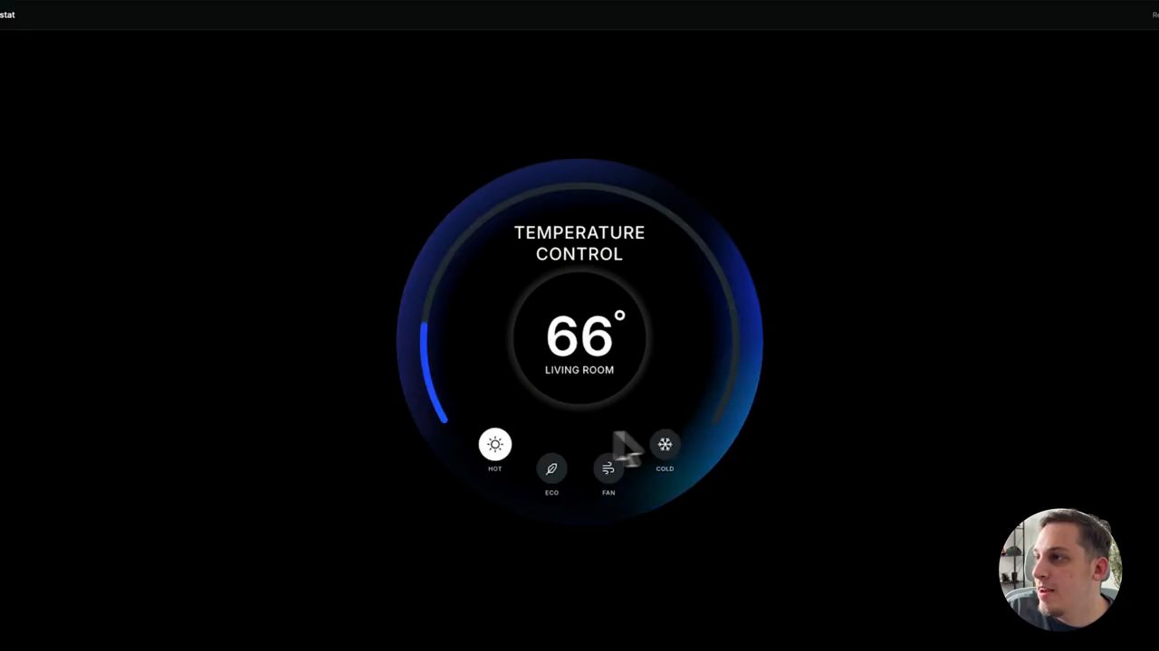 Mặt số Temperature Control hiển thị 66 độ, Living Room, với các nút Hot, Eco, Fan, Cold