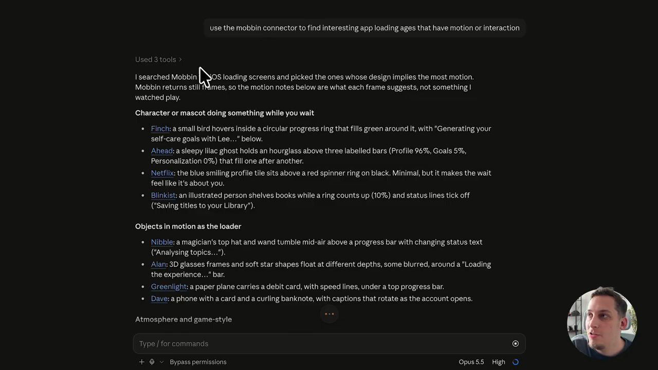 Claude Code liệt kê kết quả tìm màn hình loading trên Mobbin: Finch, Ahead, Netflix, Blinkist, Nibble, Alan, Greenlight, Dave