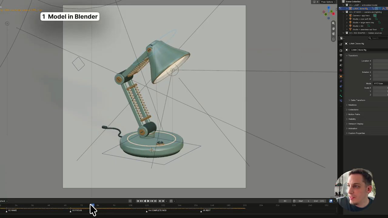 Mô hình đèn bàn màu xanh lá nhạt trong Blender với bone rig và timeline có các mốc Wake, Focus, Complete Nod, Rest