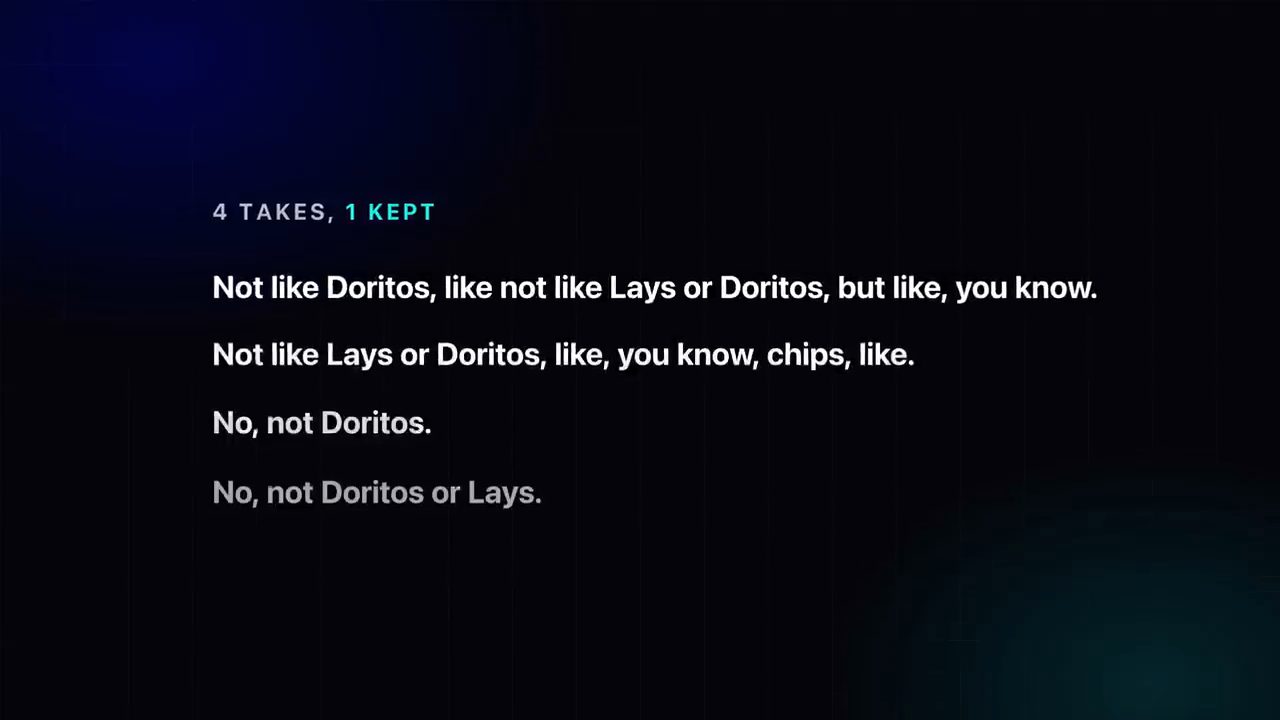 Màn hình 4 TAKES, 1 KEPT với bốn câu nói thử về Doritos và Lays