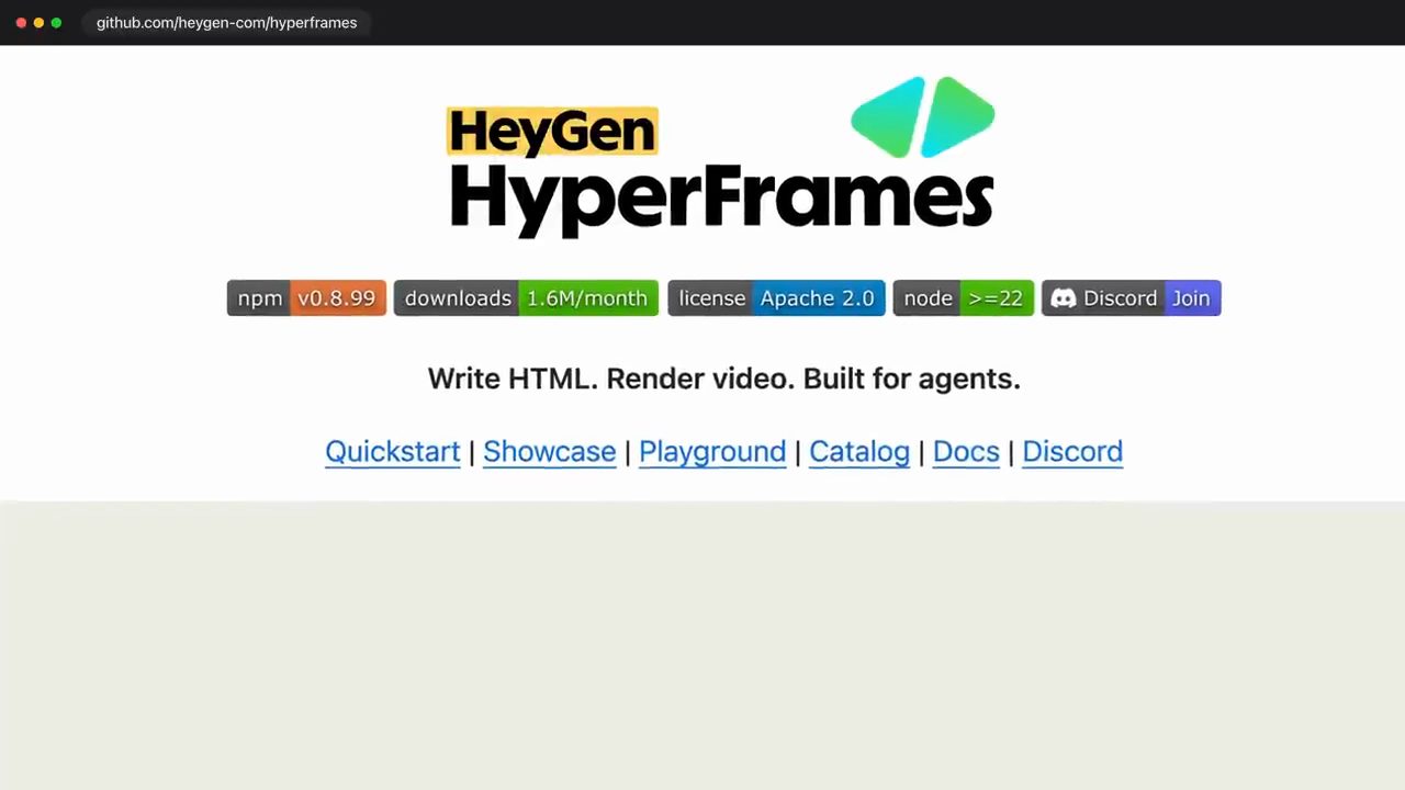 Trang GitHub heygen-com/hyperframes với logo HeyGen HyperFrames và dòng Write HTML. Render video. Built for agents.