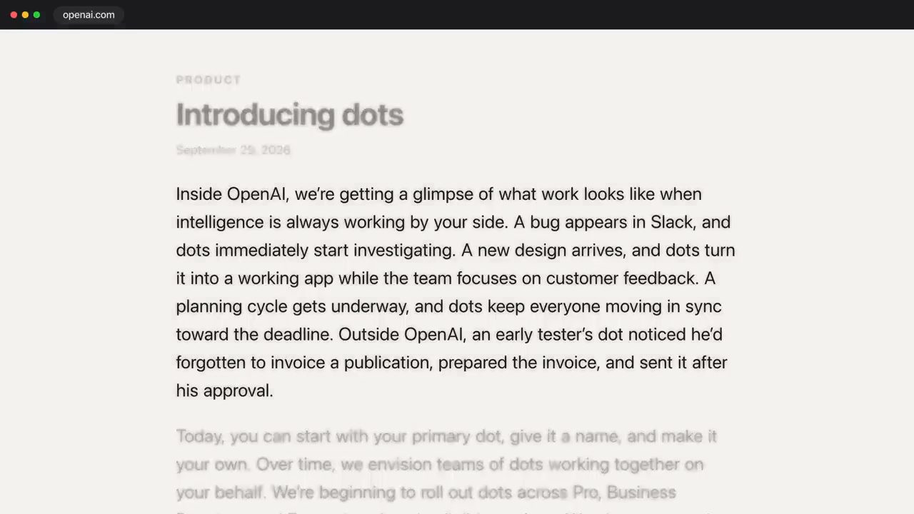 Trang openai.com với bài Introducing dots, phần đầu bài rõ, phần sau làm mờ