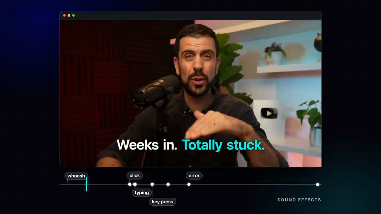 Clip Weeks in. Totally stuck. với timeline sound effects gồm whoosh, click, typing, key press, error