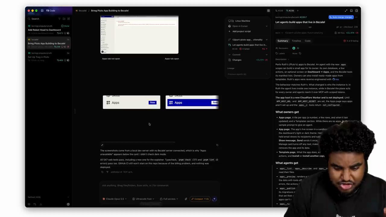 Giao diện T3 Code với thread Bring Pluto App Building to Bezalel và ô model Claude Opus 5.5