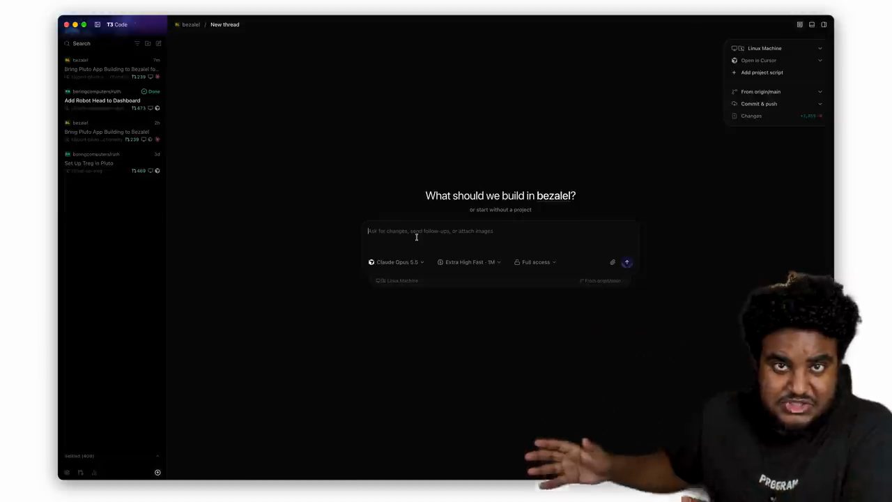 Thread mới trong T3 Code với câu What should we build in bezalel và Linux Machine ở góc phải