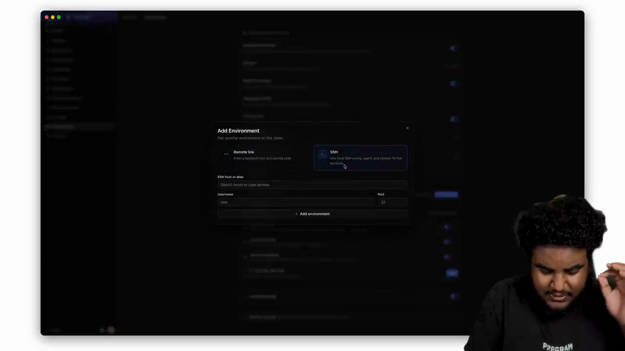 Hộp thoại Add Environment trong T3 Code với hai lựa chọn Remote link và SSH