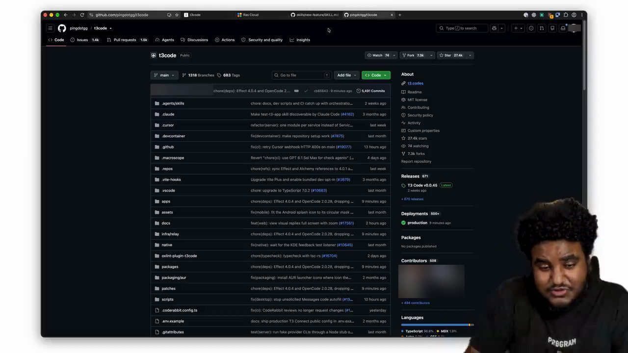 Trang GitHub của repo pingdotgg/t3code, Public, với danh sách thư mục và cột About