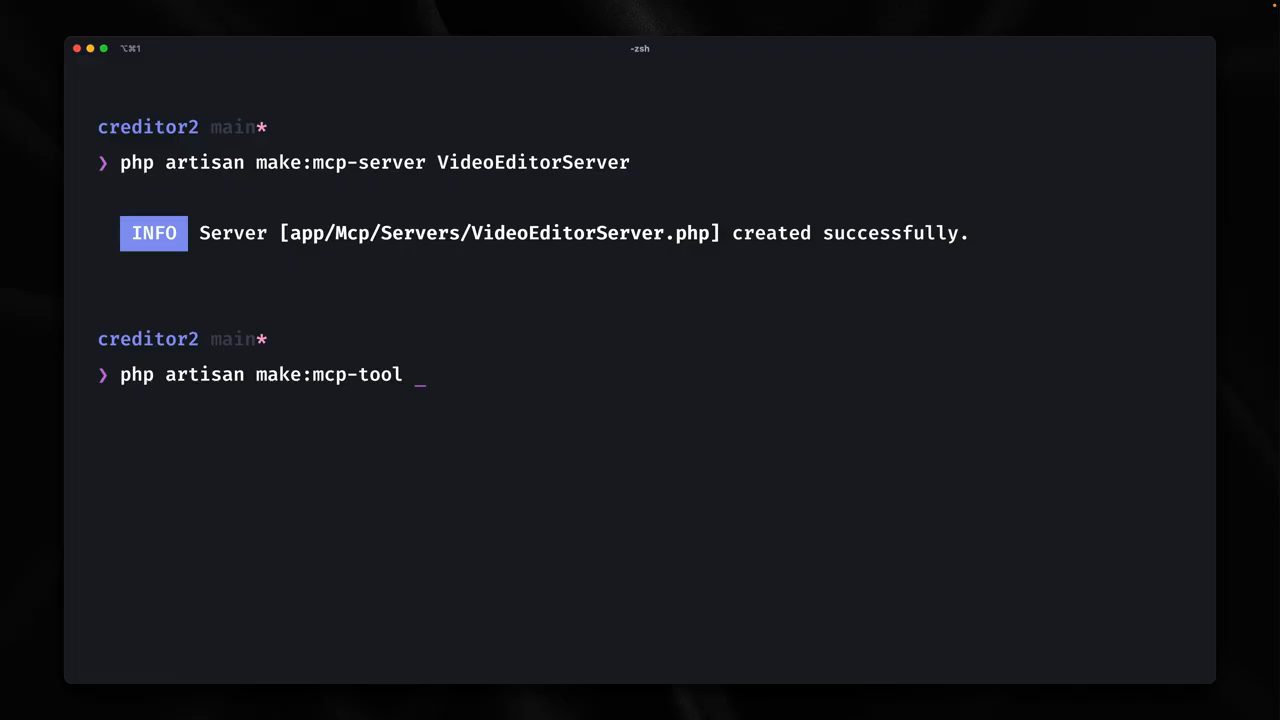 Terminal chạy php artisan make:mcp-server VideoEditorServer và bắt đầu gõ make:mcp-tool