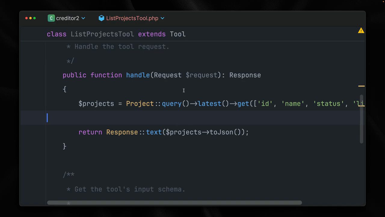 Method handle của ListProjectsTool query Project rồi trả Response::text