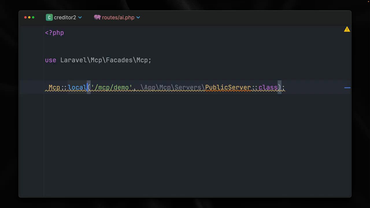 File routes/ai.php với use Laravel\Mcp\Facades\Mcp và dòng Mcp::local