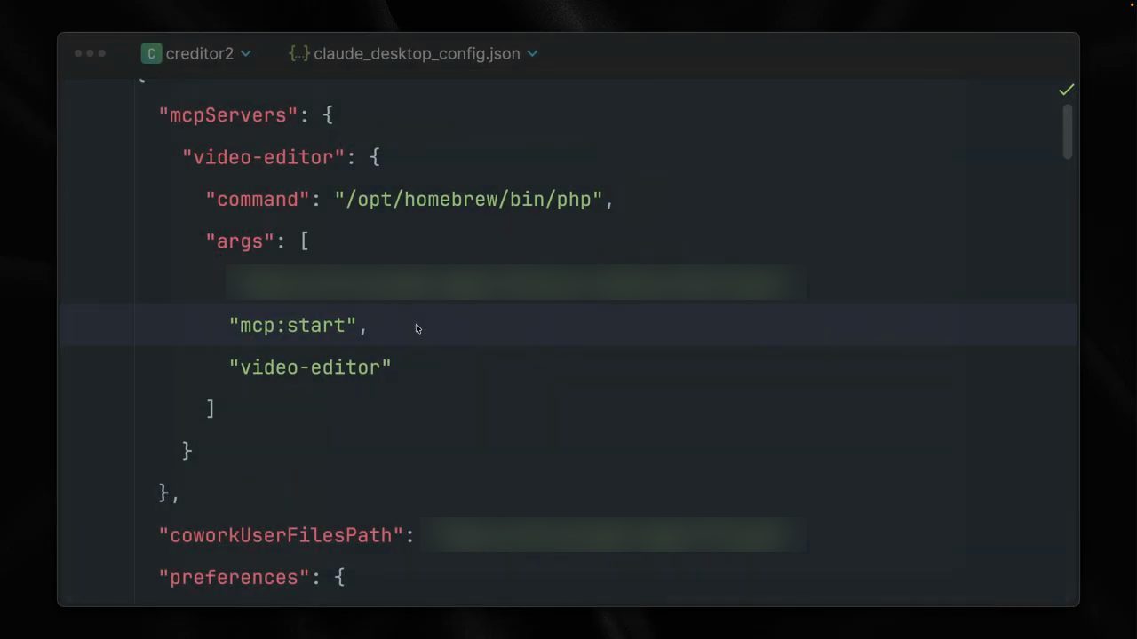 File claude_desktop_config.json với mục mcpServers video-editor, command php và args mcp:start