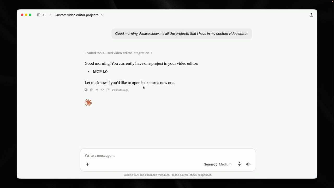 Claude Desktop trả lời có một project MCP 1.0 sau khi dùng video-editor integration