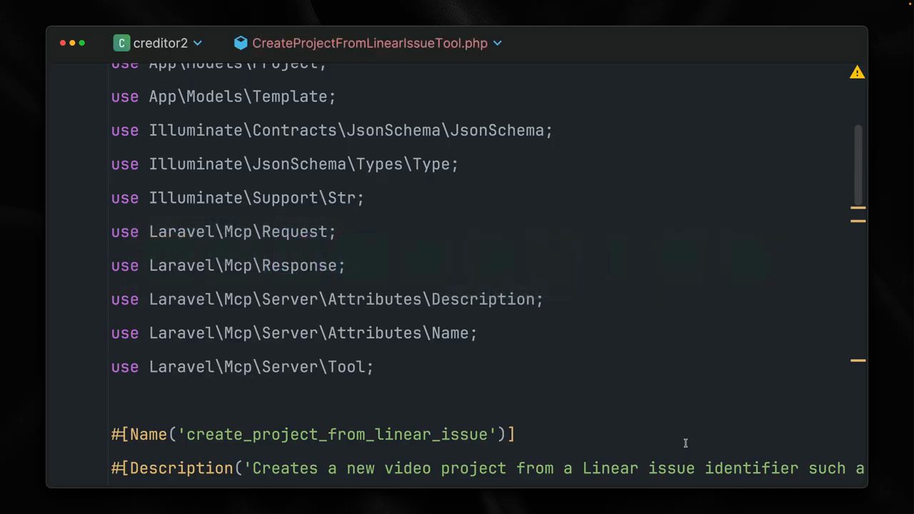 File CreateProjectFromLinearIssueTool.php với các use và attribute Name, Description