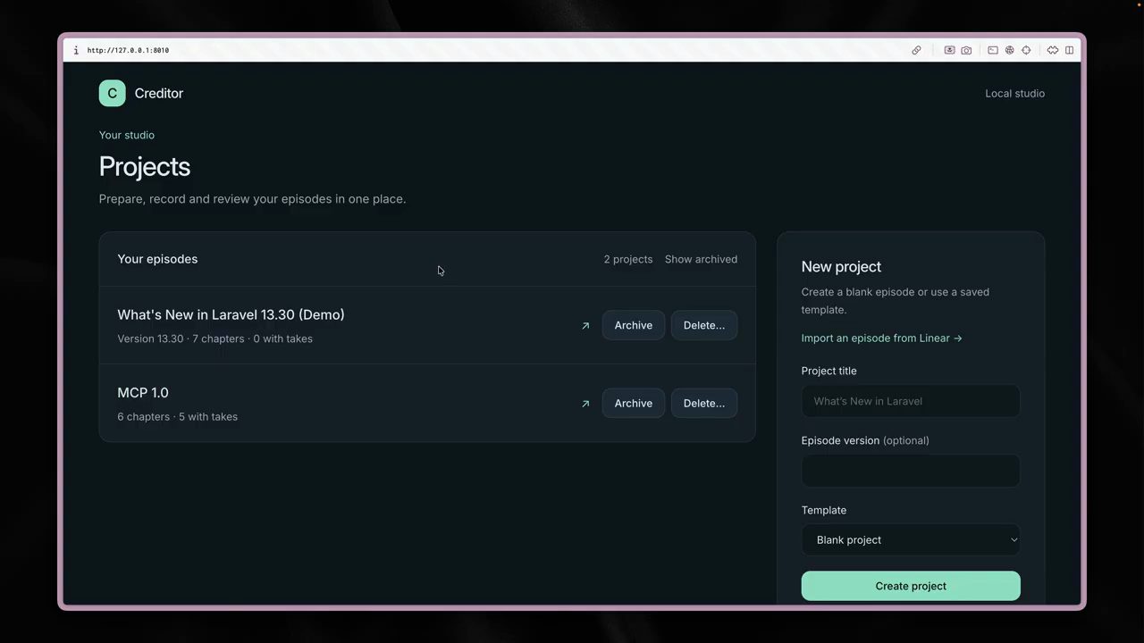 Trang Projects giờ có hai project: What's New in Laravel 13.30 (Demo) và MCP 1.0