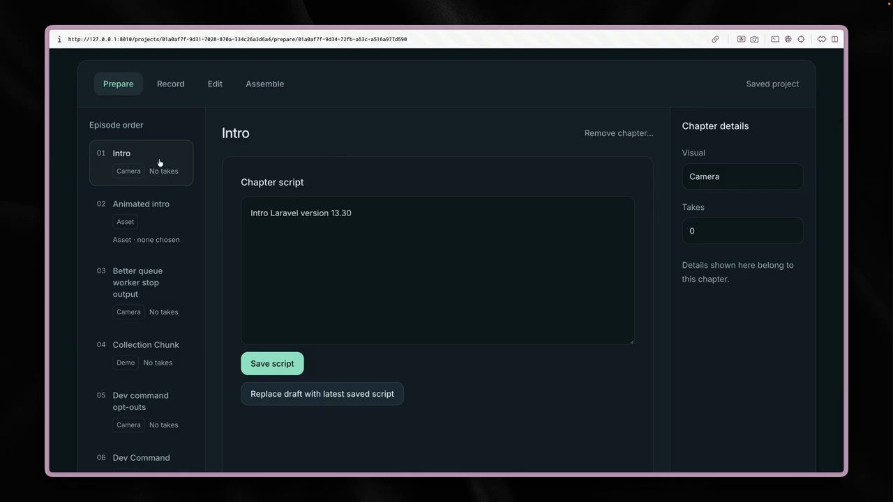 Trang Prepare của project mới với danh sách chapter Intro, Animated intro, Better queue worker stop output, Collection Chunk